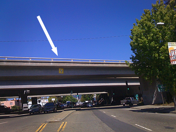 Oakland Graffiti on Overpass oakland graffit, yellow question mark, question mark etc, ? etc. graffiti