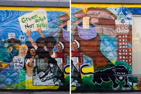 Ella Baker Center Murals Black Panthers, Green Jobs Not Jails, Ella Baker Center Murals