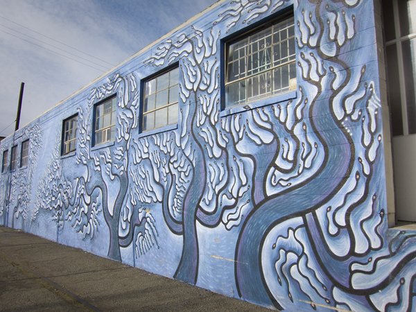 blue trees mural, oakland mural art, west oakland mural