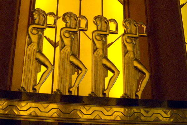 art deco sculpture, egyptian motif, paramount theatre lobby