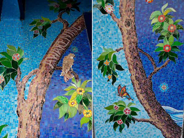 nature motif mosaic, mosaic art, tree with hawk mosaic