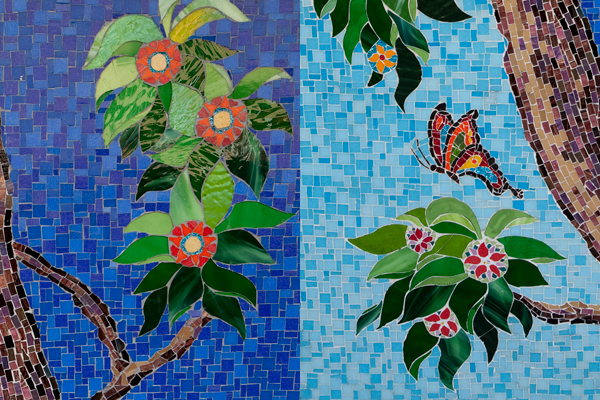 mosaic art on broadway, butterfly mosaic, flowers mosaic, oakland mosaic art