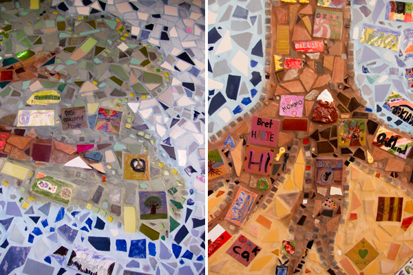 hand painted tiles, mosaic of oakland tree, mosaic by oakland students