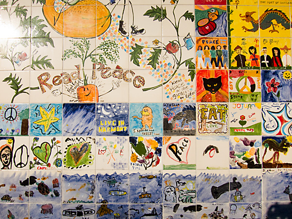 barnes & noble, tile peace wall, peace wall mural of tiles