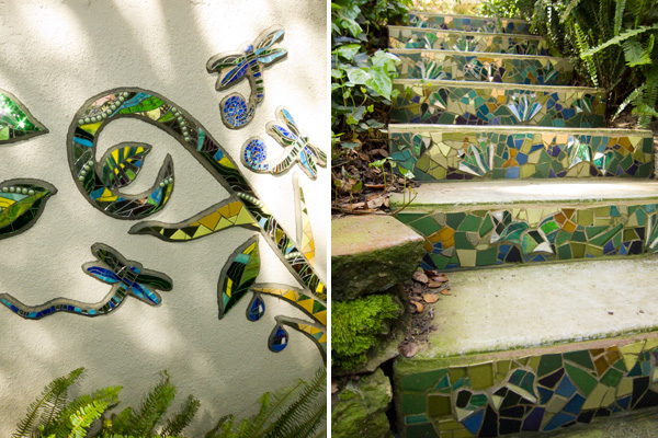 dragon fly mosaics, garden mosaics, kim larson mosaics