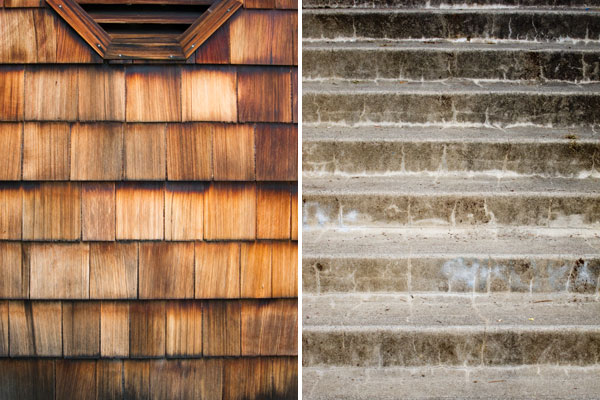 wood siding, concrete steps, abstract photography