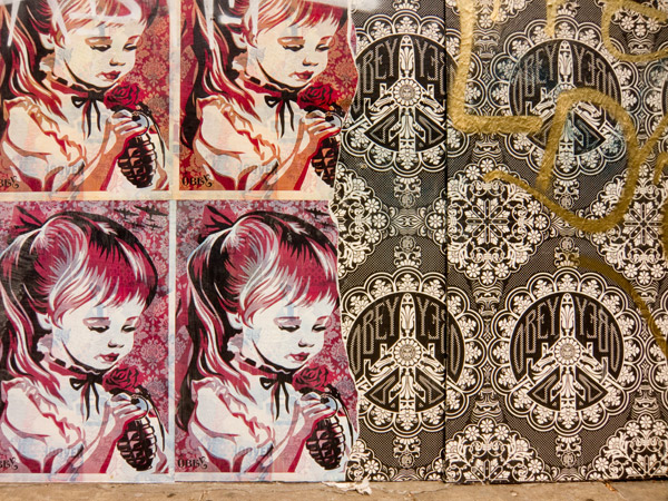 Oakland Obey Giant sheppard fairy installation, wheat paste obey giant